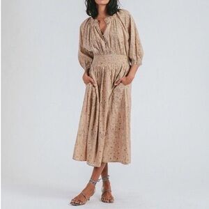 Cleobella Fern Midi Dress Pockets Balloon Sleeve Organic Cotton Tan Size M